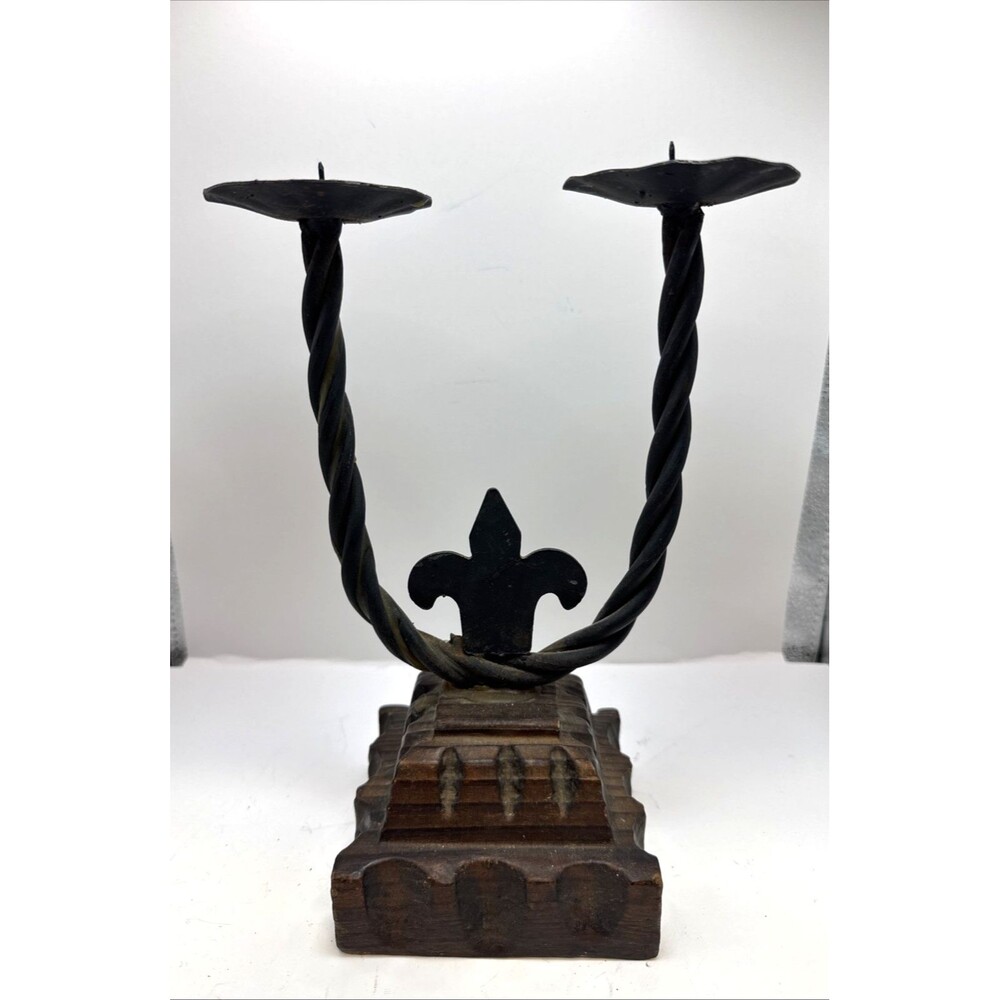 Spanish Revival Gothic wrought iron candleholder fleur-de-lis motif  Medieval